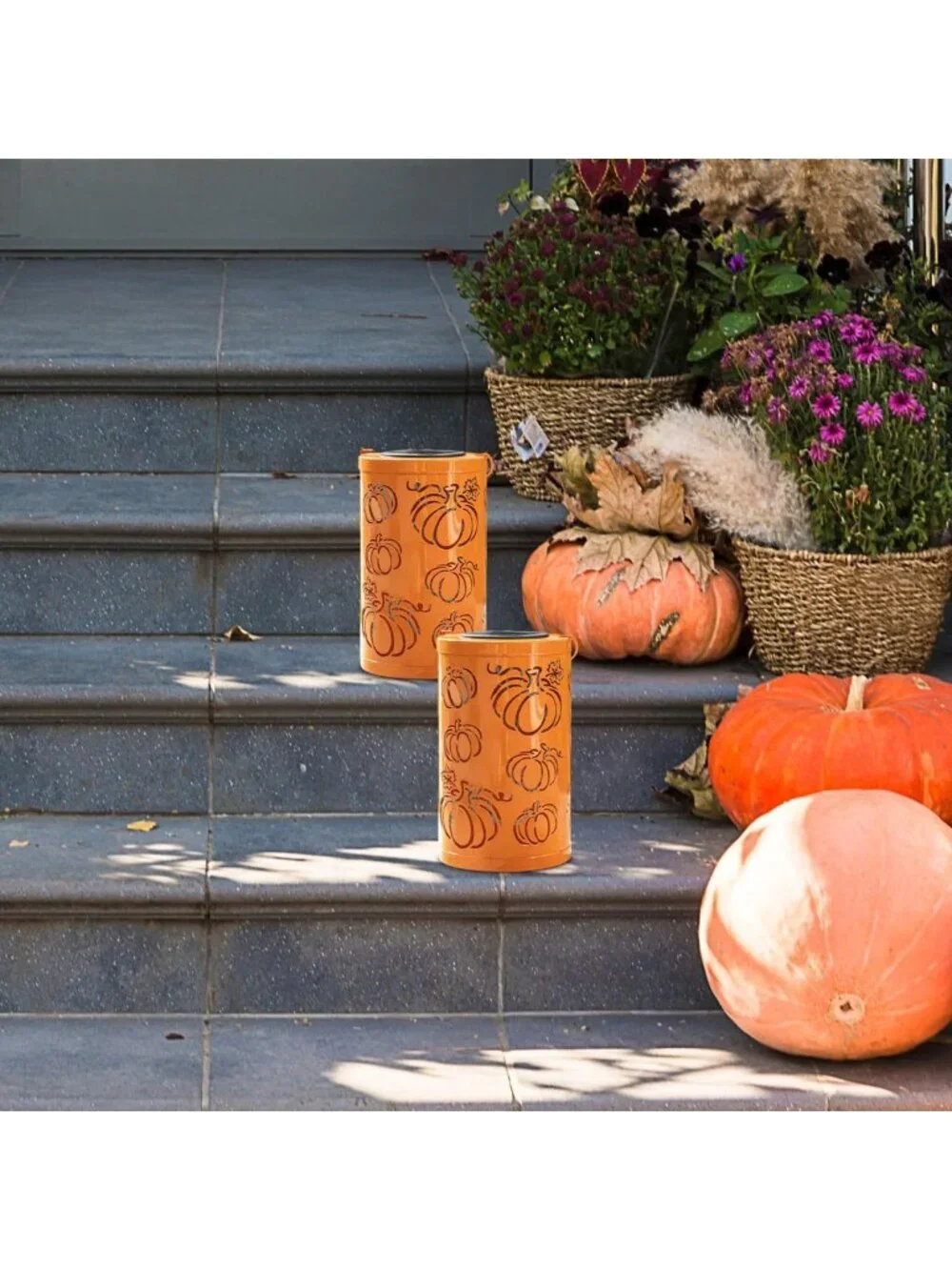 Set of 2 Fall Metal Pumpkin Lanterns - Solar Powered LED Decor for Halloween